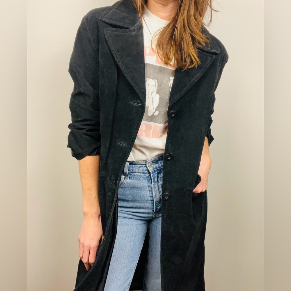 Vintage 90s Wilson Leather Maxima Black Suede Trench/Duster Coat-Leather–Size XL